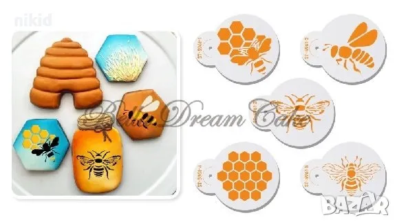 5 бр пчела пчелна пита шаблона шаблони стенсили спрей за мъфини кафе торта украса сладки , снимка 2 - Други - 29947583