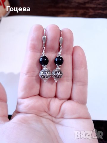 Разкошни обеци с камъни Черен диамант и фини филигранни орнаменти в цвят сребро , снимка 4 - Обеци - 41819201