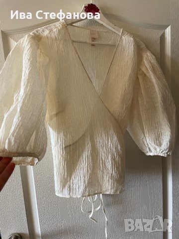 Страхотен нов бял елегантен официален топ наметка hm H&M с буфан ръкав , снимка 7 - Корсети, бюстиета, топове - 40210287