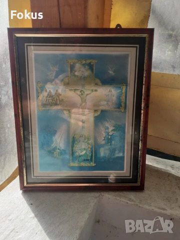 Стара домашна икона хромолитография с рамка кръст религия, снимка 3 - Антикварни и старинни предмети - 53417847