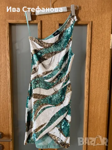  Elisabetta Franchi One-Shoulder Sequin къса парти официална коктейлна рокля пайети аквамарин , снимка 7 - Рокли - 46868543
