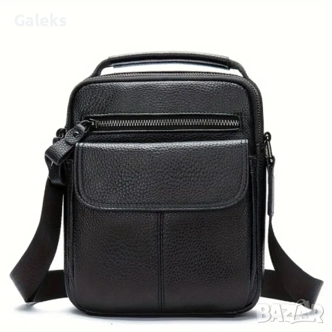 Мъжка компактна кожена чантичка с капаче / Гланцова черна естествена кожа!, снимка 7 - Чанти - 53101729