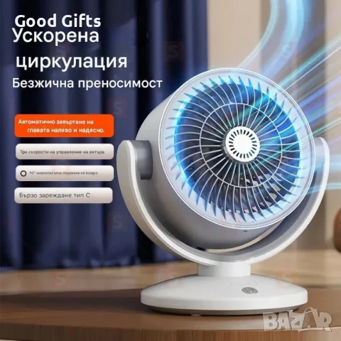 USB Безжичен вентилатор за въздушна циркулация – Ротация 360°, настолен/стенен монтаж, с осветление , снимка 2 - Други стоки за дома - 51061388