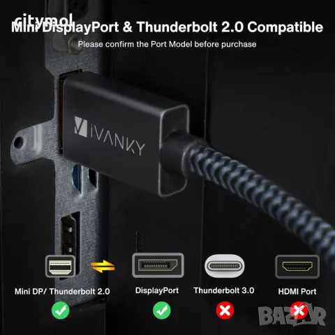 IVANKY Mini DisplayPort към DisplayPort кабел 2M, 8K@60Hz, Thunderbolt, найлонова оплетка, снимка 6 - Кабели и адаптери - 49400236