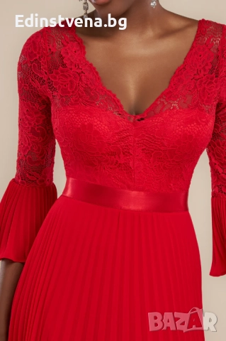 Дамска червена официална дълга рокля с дантела и плисе, снимка 3 - Рокли - 52391847