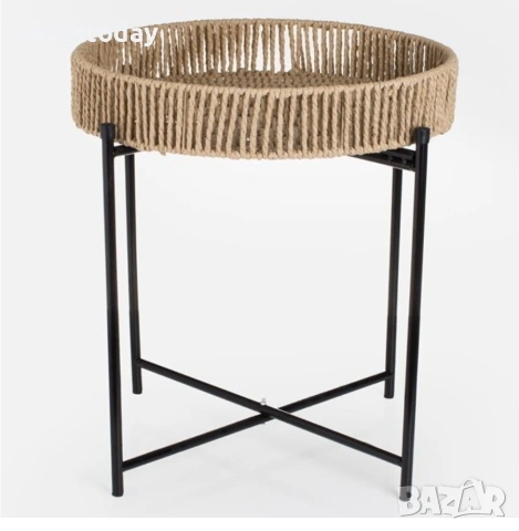 Помощна масичка с плетен борд и метална основа, Маса за кафе