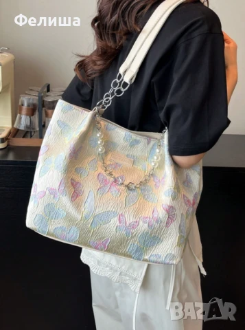 Стилна Ежедневна Дамска Чанта с Блестящи Цветни Пеперуди и Перли Арабски Стил, снимка 3 - Чанти - 50827751