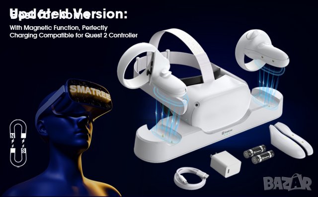 Smatree зареждане на док, съвместим за Oculus Quest 2/Meta Quest 2, VR контролер и зареждане на слуш, снимка 5 - Безжични зарядни - 39919806