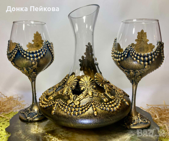 Сет за вино от 3 части декантер с 2 чаши ръчна изработка, снимка 6 - Декорация за дома - 44816490
