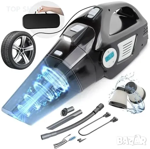 Нова Мощна прахосмукачка и компресор с LCD дисплей и LED светлина за кола, снимка 1