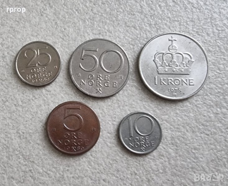 Норвегия . 5 ,10, 25 ,50 оре . 1  крона  1978 - 1980 година. Стара емисия., снимка 1