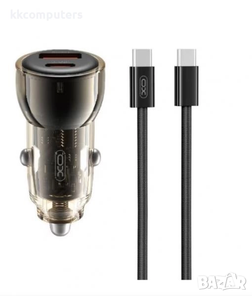12V Зарядно за автомобил XO-CC60 60W/ PD, USB QC 3.0 / Type-C - Type-C кабел / Син-Прозрачен / Барко, снимка 1
