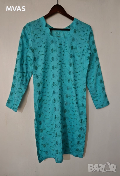 Нова дамска ленена синя туника с бродерия S размер, снимка 1