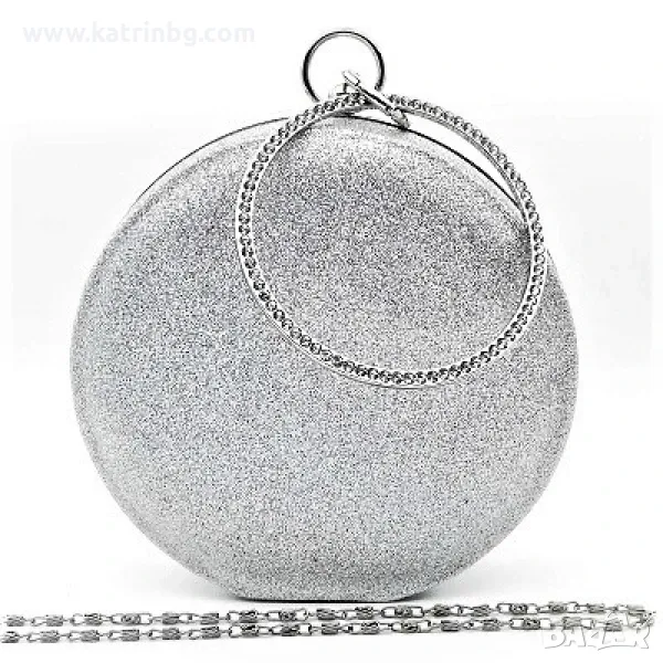 Официална дамска чанта клъч малка, кръгла, сребриста, твърда, снимка 1