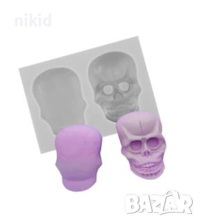 Череп глава лице гръб скелет силиконов молд форма форнан гипс шоколад декор украса, снимка 1