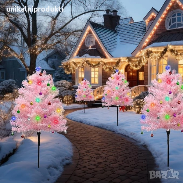 Соларни коледни елхички в розово с вградени LED лампички многоцветна светлина 70см, снимка 1
