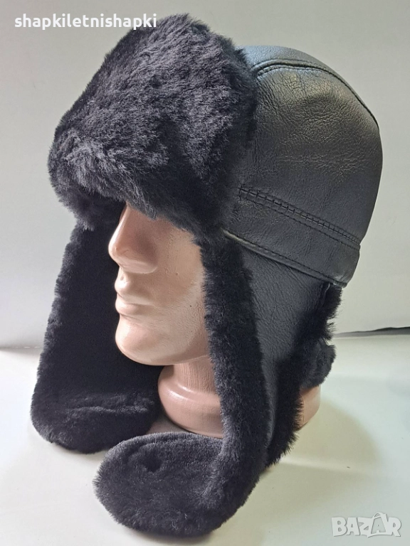 344 Мъжка кожена шапка, телешка-бутикова ушанка , снимка 1