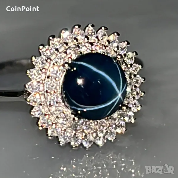 Сребърен пръстен с натурален звезден Сапфир , снимка 1