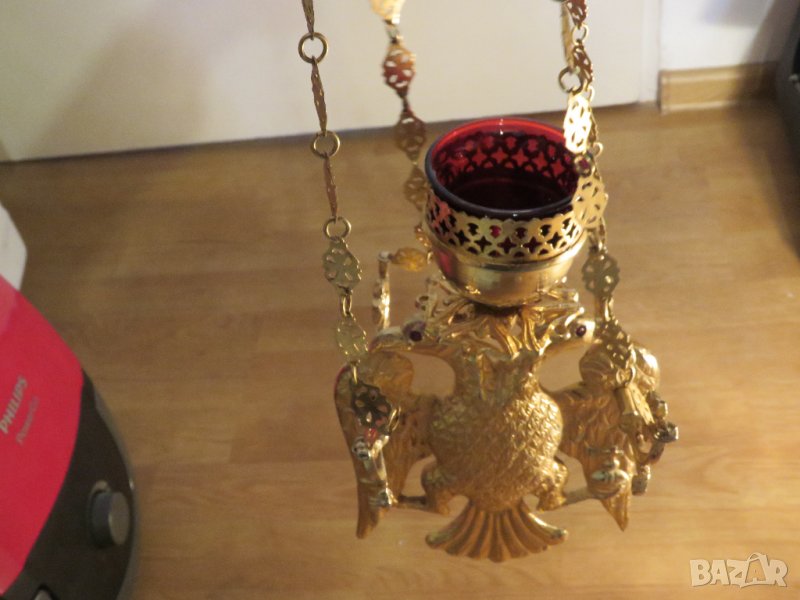 Старинно бронзово руско православно висящо кандило с двуглав орел  и позлата с меч и държава в нокти, снимка 1