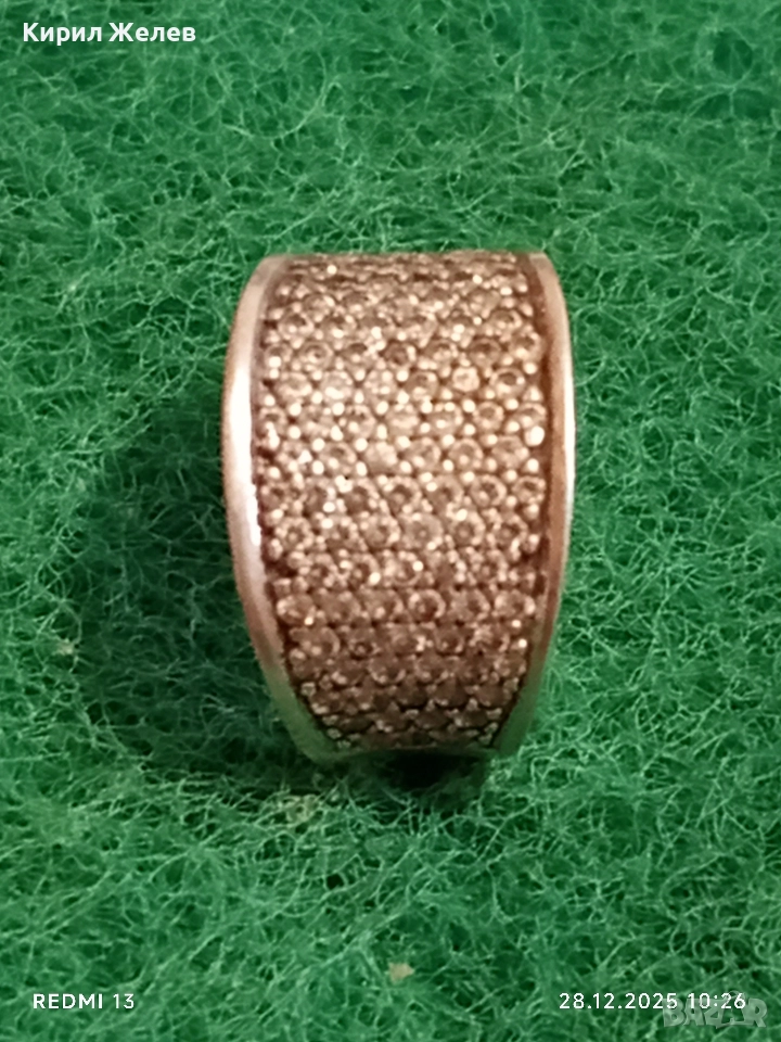 Прекрасен скъпоценен сребърен пръстен с ювелирно инкрустирани цирконий ръчна изработка 39744, снимка 1