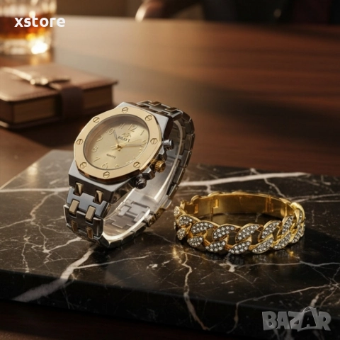 Модерен унисекс часовник със златист циферблат и блестяща гривна, снимка 2 - Мъжки - 52791004