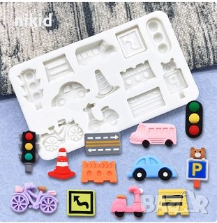 Светофар колело конус Автобус знак кола автомобил тротинетка силиконов молд форма фондан декор