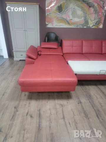 Червен кожен П образен ъглов диван ZE-EM21063 с функция сън, снимка 6 - Дивани и мека мебел - 44215938