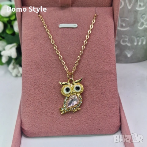 Колие Бухал 🖤 | златисто колие с  камък, снимка 3 - Колиета, медальони, синджири - 53457737