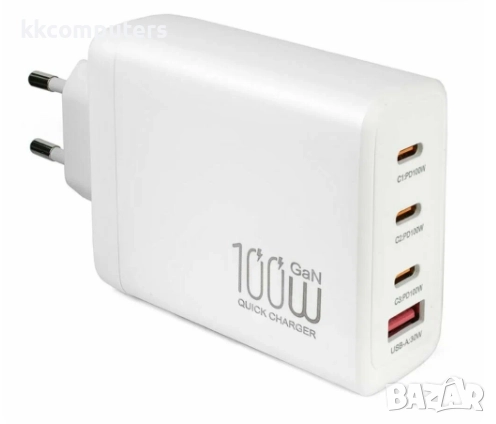 PREMIUM Зарядно/Адаптер 100W GaN 220V / 3xPD 100W / USB 30W / Бял / Баркод : 45653