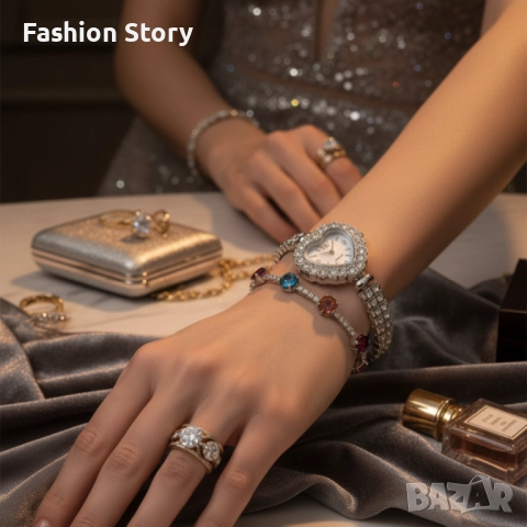 Сърцевиден дамски часовник с гривна и кристали – стил и практичност в кутия, снимка 5 - Дамски - 51935579