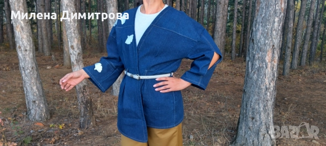 Дамско кимоно от рециклиран деним и рисувана Гинко Билоба 