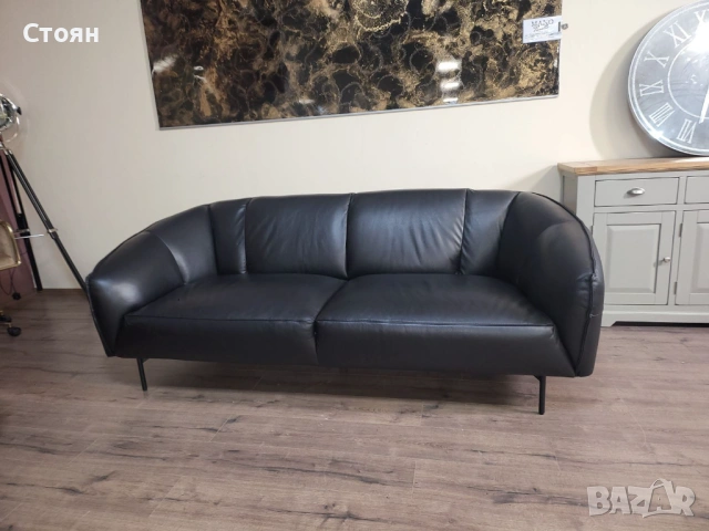 Дизайнерски черен кожен комплект дивани тройка и двойка Pebble, снимка 5 - Дивани и мека мебел - 53694619