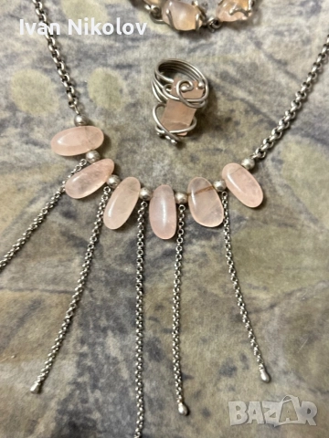 Дамски сребърен комплект с розов кварц 77 грама, снимка 2 - Бижутерийни комплекти - 52931506