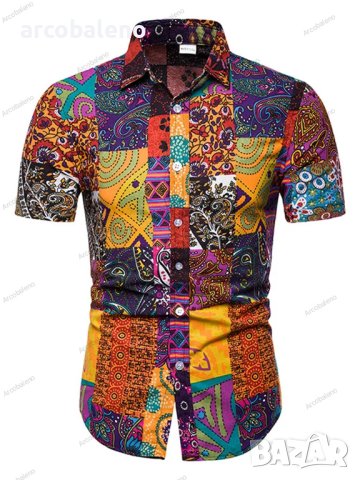 Мъжка модна лятна щампована риза с къс ръкав. Големи размери - 023