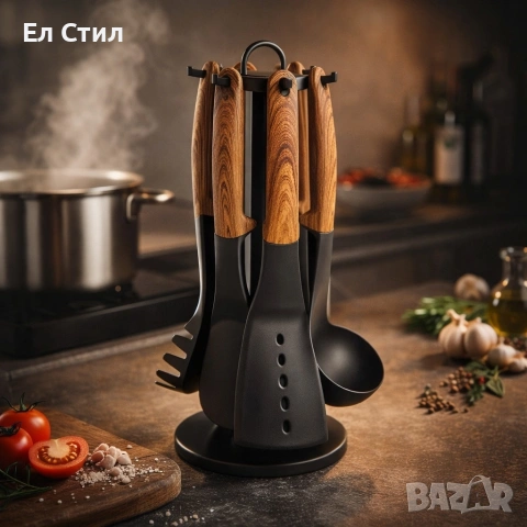 Комплект кухненски прибори 6 части с въртяща се стойка– дървесна визия, снимка 3 - Прибори за хранене, готвене и сервиране - 53573058