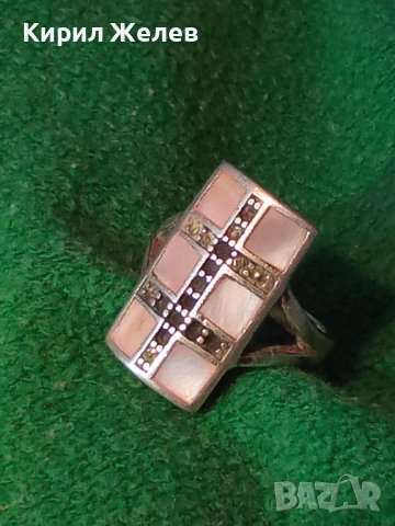 СРЕБЪРЕН СЕДЕФЕН АРТ ПРЪСТЕН СРЕБРО 925 с ШЛИФОВАН РОЗОВ СЕДЕФ и МАРКАЗИТИ - ЧАСТ от КОПЛЕКТ 27694, снимка 3 - Пръстени - 41638263