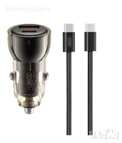 12V Зарядно за автомобил XO-CC60 60W/ PD, USB QC 3.0 / Type-C - Type-C кабел / Син-Прозрачен / Барко