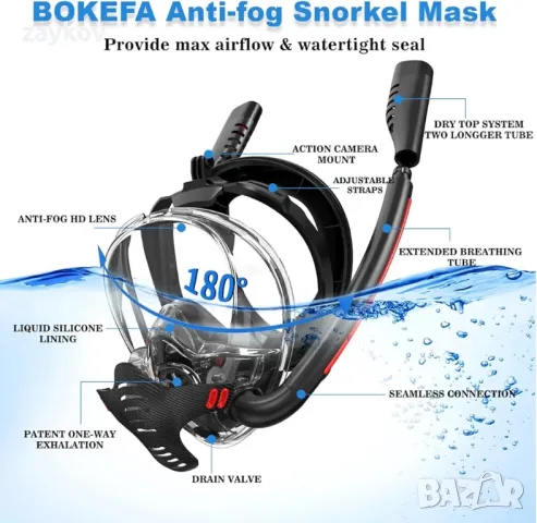 BOKEFA Цялолицева маска за шнорхел със закрепване на камерата S/M, снимка 7 - Спортна екипировка - 48227130
