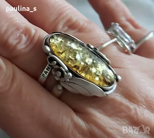 Два броя / Винтидж / Рядка находка / Стар сребърен пръстен с Кехлибар , снимка 2 - Пръстени - 48925924