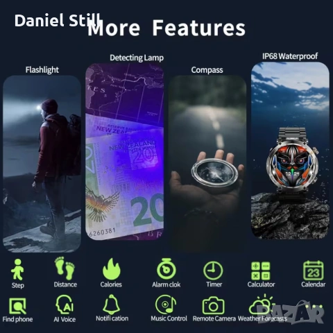 Водоустойчив Мъжки Смарт Часовник с Фенерче 600mAh Голяма Батерия4.32см Голям HD Дисплей, снимка 5 - Смарт часовници - 49358974