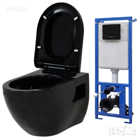 vidaXL Окачена тоалетна чиния, със скрито казанче, керамична, черна（SKU: 3054479）