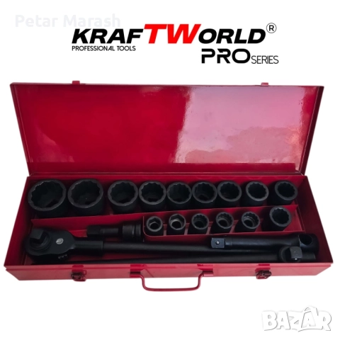 Гедоре 21 части с 12-стенни ударни вложки KraftWorld 3/4″ – професионален комплект за камиони, снимка 2 - Гедорета - 51465044