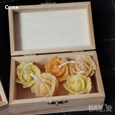 Дървена кутия с  пет ароматни мини рози - свещ, снимка 10 - Подаръци за жени - 53168163