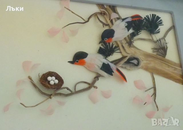 Стара диорама от пера Птици с гнездо,рамка. , снимка 5 - Антикварни и старинни предмети - 51990046