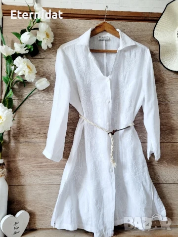 Дълга бяла риза с бродерии лен 