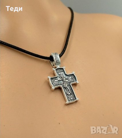 Сребърен двулицев кръст с Христос и Св. Николай Чудотворец, снимка 8 - Колиета, медальони, синджири - 35855376