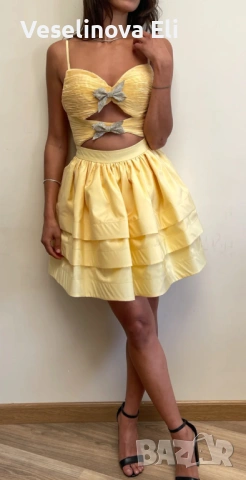 Официална пастелно жълта рокля