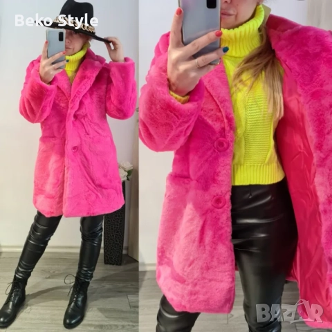 Плюшено дамско палто цвят циклама, снимка 2 - Палта, манта - 51466033