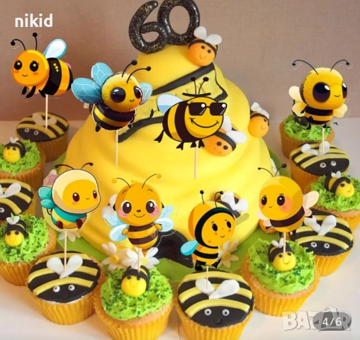 12 бр пчела пчели пчелички картонени топери топер декор торта мъфини кексчета украса парти, снимка 4 - Други - 51956584