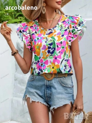 Дамска лятна модна двуслойна риза с къс ръкав с флорален принт, 4цвята - 023, снимка 2 - Ризи - 40394598